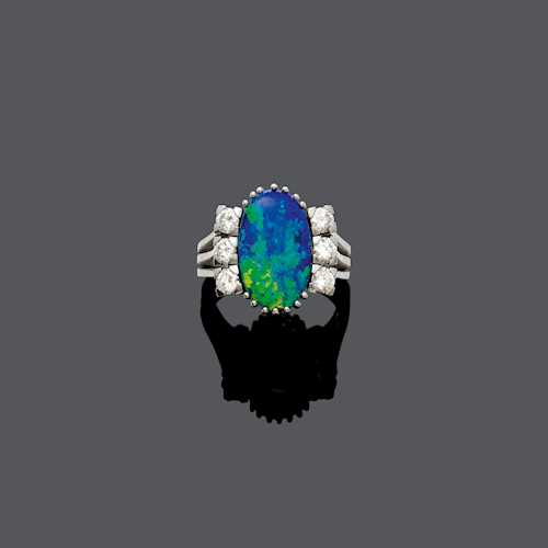 OPAL DOUBLET AND DIAMOND RING, ca. 1970.