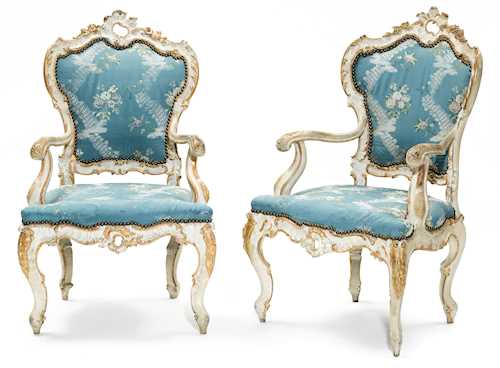 A PAIR OF PAINTED FAUTEUILS
