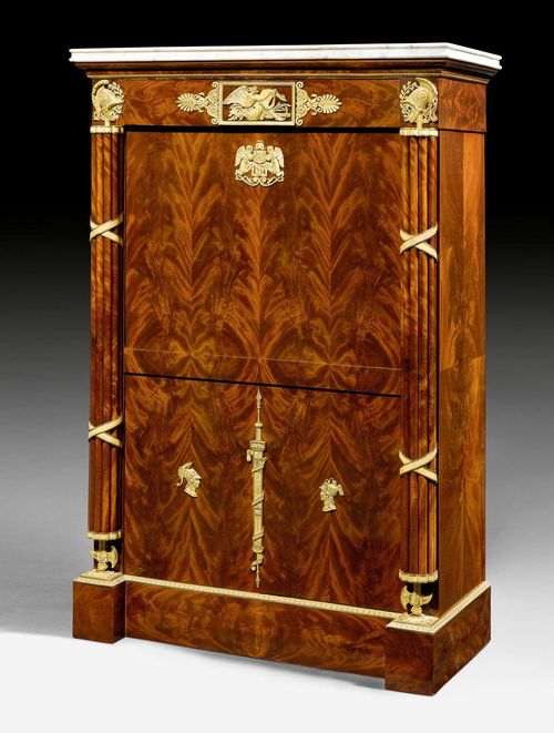 IMPORTANT SECRETAIRE "AUX FAISCEAUX ROMAINS",Empire/Louis XVIII, attributed to J.J. WERNER (Jean-Jacques Werner, Geneva 1791-1853 Paris), Paris circa 1815/20. Mahogany, amaranth, lemonwood and rosewood in veneer. Fall-front writing surface, lined with gold-stamped brown leather, between top drawer and compartment with double doors. The interior fitted with a large central compartment and drawers. Exceptionally fine, matte and polished gilt bronze mounts and applications. White/gray speckled marble top. 100x43x(open 69)x147 cm.