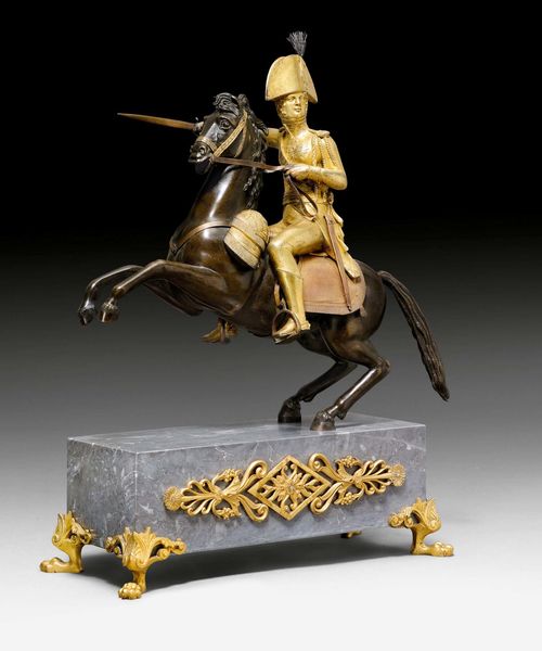 EQUESTRIAN STATUE OF TSAR ALEXANDER I,Empire, Russia circa 1815. Patinated and gilt bronze and gray, white-veined marble. 31x15x45 cm.