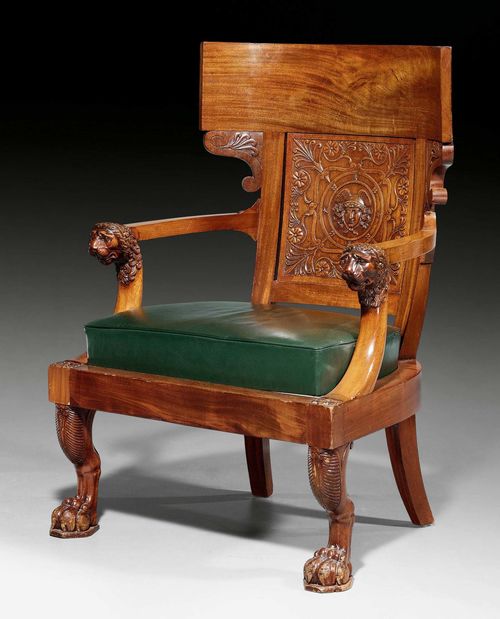 LARGE FAUTEUIL "A TETES DE LION",Empire, attributed to H. JACOB (Henri Jacob, 1753-1824), Paris circa 1805. Exceptionally finely carved mahogany. Green leather cover. 67x61x45x95 cm. Provenance: - Former Guy Ledoux-Lebard collection, Paris. - Artcurial Paris Auction, 20.6.2006 (Lot No. 139). - From a French collection. Expertise by Cabinet Dillee, Guillaume Dillee / Simon Pierre Etienne, Paris 2013.