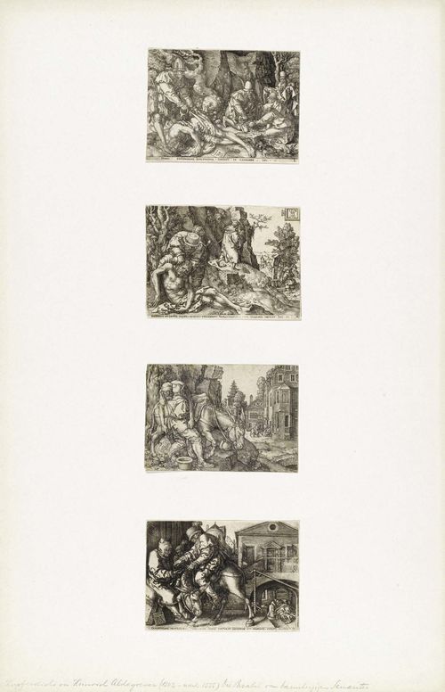 ALDEGREVER, HEINRICH (Paderborn 1502 - 1555/62 Soest).The parable of the Good Samaritan, 1554. Set of 4 sheets. Copper engravings, each ca. 7.9 x 10.9 cm. Bartsch, 40 - 43; Mielke (New Hollstein) 40-43. - From the D'Arenberg collection, Brussels and Nordkirchen, Lugt 567. - Complete set. Mostly with fine margin around the image, the plate edge partly visible. Sheet 3 with cut lower text margin. Good condition.