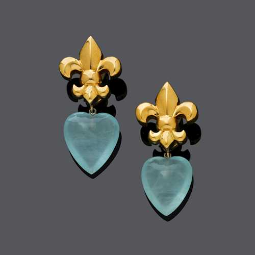 AQUAMARINE AND GOLD EARCLIPS, BY STEINLIN.
