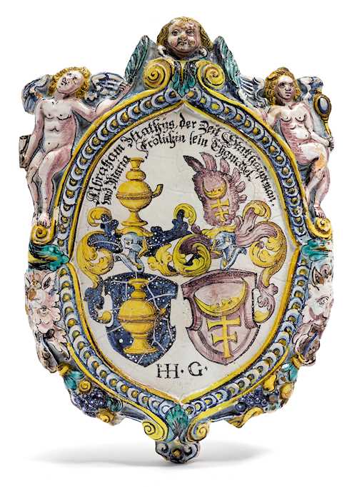  PLAQUE WITH ALLIANCE COAT-OF-ARMS, FROM A TILED STOVE