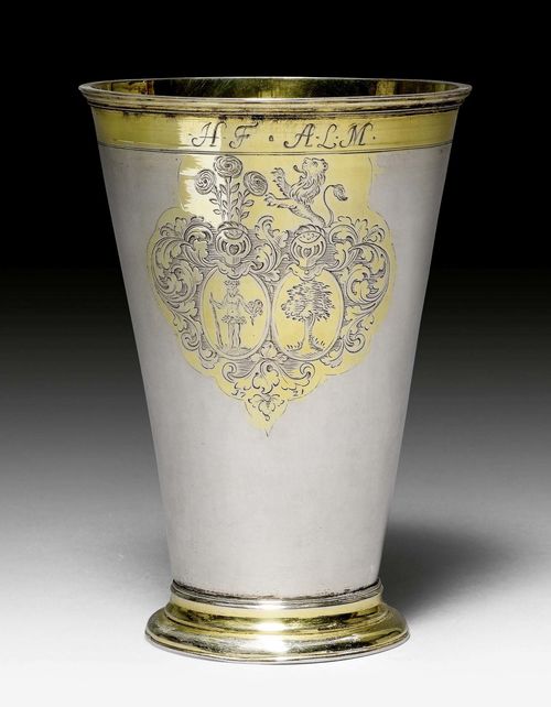 TALL BEAKER,unmarked. Baltic, early 18th century. Parcel gilt. With engraved matrimonial coat of arms and engraved initials HF and ALM. H 17 cm, 361 g.