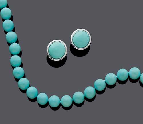 TURQUOISE AND GOLD NECKLACE WITH EARCLIPS, BY PÉCLARD.