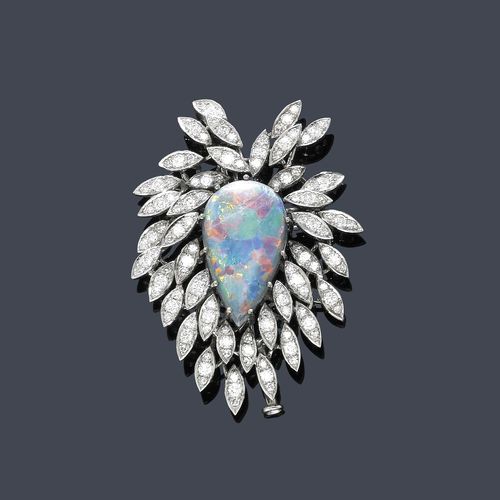 BLACK OPAL AND DIAMOND BROOCH/PENDANT WITH CHAIN, ca. 1950. White gold 750, chain in platinum. Very decorative brooch designed as a stylized flower, set with 1 drop-cut, very fine black opal of ca. 19 x 11 mm, dry fissures, the petals set throughout with ca. 117 diamonds weighing ca. 1.00 ct. On a fine platinum chain, not original, L ca. 39 cm.