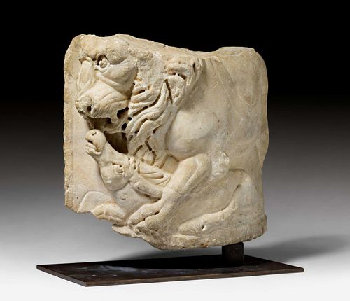 MARBLE FRAGMENT DEPICTING ANIMALS FIGHTING,Roman, 1st half of the 3rd century AD. White marble. Slightly rounded shape, depicting a lion preying on a gazelle. H 23 cm. W 30 cm. Provenance: - Former estate of J.P. Mariaud de Serres, Paris. - Auction D. Cahn, Basel, 9.11.2013 (Lot No. 262). - Private collection, Switzerland. The fragment on offer is an element from a child's sarcophagus.