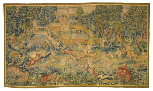 TAPESTRY "LA CHASSE",Renaissance, Flemish, ca. 1590/1600. Depiction of hunting scenes. H 213 cm. W 350 cm. Provenance: - Former collection Bernheimer, Munich. - German private collection.