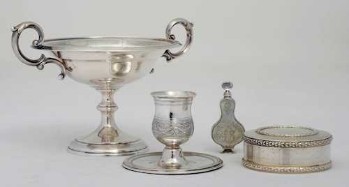 LOT COMPRISING A BONBONNIÈRE, A FLACON, A FOOTED BOWL, AND A CANDLESTICK
