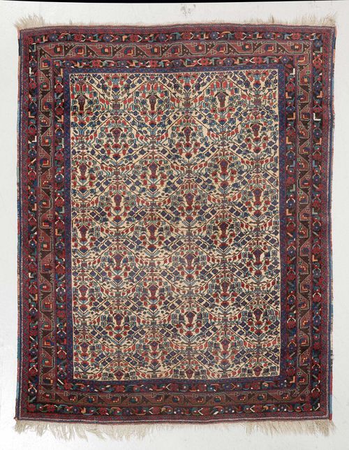 AFSHAR antique.Beige central field, patterned throughout with plant motifs, brown edging, slight wear, 159x200 cm.