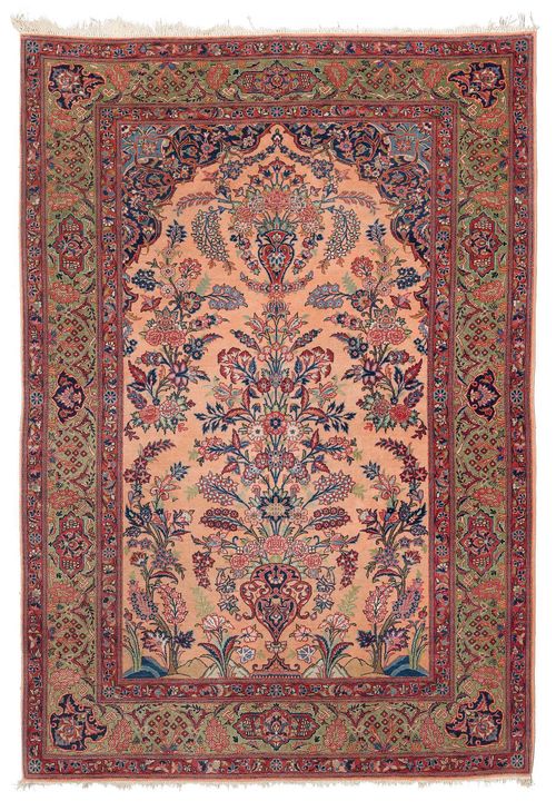 BIDJAR old.Yellow central field, patterned with vases and plant motifs, green edging with trailing flowers, 140x205 cm.