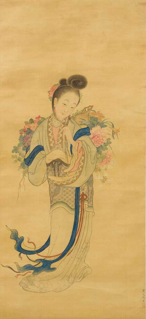 A PAINTING OF A LADY WITH FLOWER BASKET IN THE STYLE OF QIU YING (c.1494–1551/52).