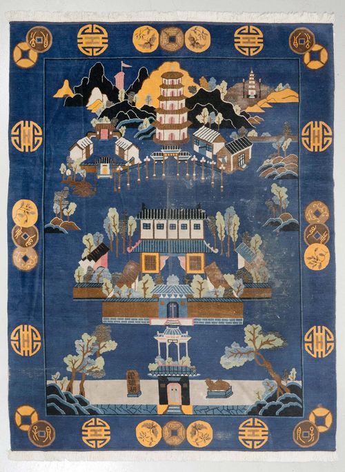 CHINA old.Blue ground with a depiction of a landscape,  worn in parts, 250x295 cm.