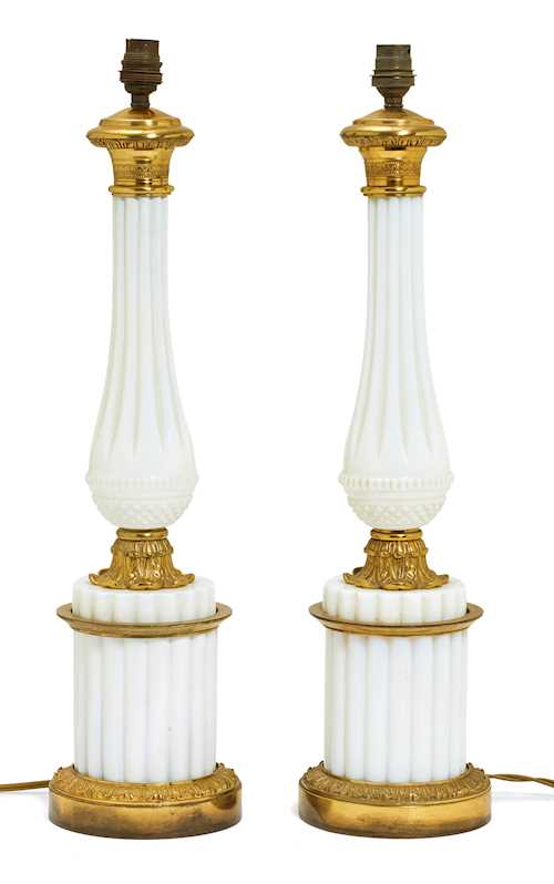A PAIR OF KEROSENE LAMPS MOUNTED AS TABLE LAMPS