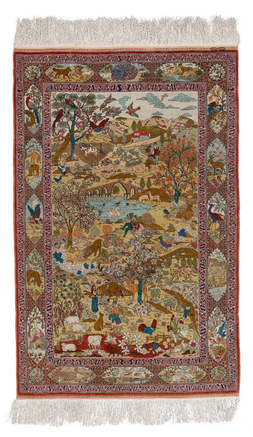 HEREKE SILK.Central field with a depiction of a landscape, red edging with animal cartouches, signed Derintchi, 103x155 cm.