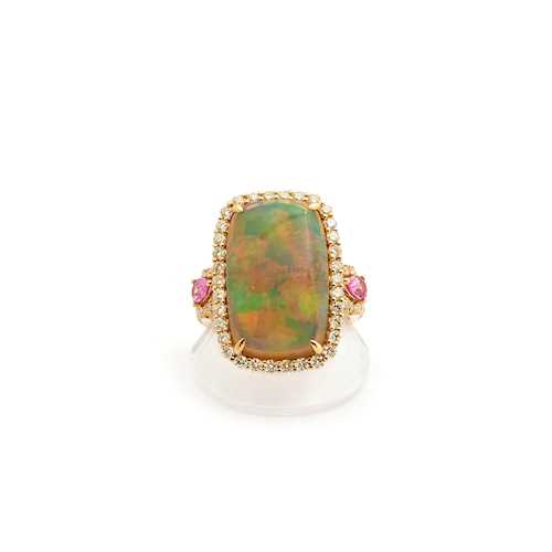 OPAL, PINK SAPPHIRE AND DIAMOND RING.