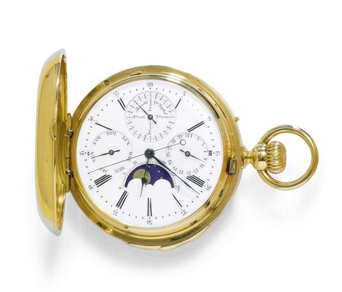 SAVONNETTE POCKET WATCH, PERPETUAL CALENDAR WITH MOONPHASE, 1/4 REPEATER, JUMPING SECOND HAND, LOUIS AUDEMARS for LEROY & FILS, ca. 1870 Yellow gold 750. Polished case, demi-bassinne, No. 11343 with repetition slider at 5h and lever for the jumping second at 11h. Dust cover No. 5061 signed Le Roy & Fils, Hgers de la marine Palais-Royal, 13 & 15, Gal.ie Montpensier, Paris 211 Regent Street, London. Enamelled dial with black Roman numerals and blue-Breguet hands, date at 3h, day-of-week at 9h, moon phase at 6h, and month of the four-year leap year cycle. Signature on the back of the moon phase disc. Lever movement with Breguet balance spring, bimetallic balance, pallet with counterpoise, gold wheel train, quarter repeater on two gong springs, 23 rubies, independent jumping second can be switched off. D 55. Very fine, rare watch with double train, gold gears, astronomic perpetual calendar, jumping second hand and quarter repeater. This is the fourth known watch with jumping second hand produced by Audemars for Le Roy.