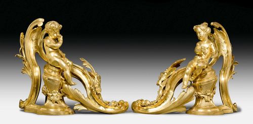 PAIR OF FIREPLACE CHENETS "ARIANE ET BACCHUS",late Louis XV, in the style of J. CAFFIERI (Jacques Caffieri, 1678-1755), Paris, 18th/19th century. Matte and polished gilt bronze. L 39 cm. H 32 cm.