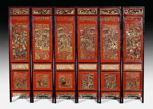 SIX-PART SCREEN WITH CARVED PANELS,China, 19th century. Exceptionally finely carved wood, painted red and parcel gilt. W 354 cm, H 255 cm. Provenance: Mayo collection, Château de Corbière, West Switzerland.