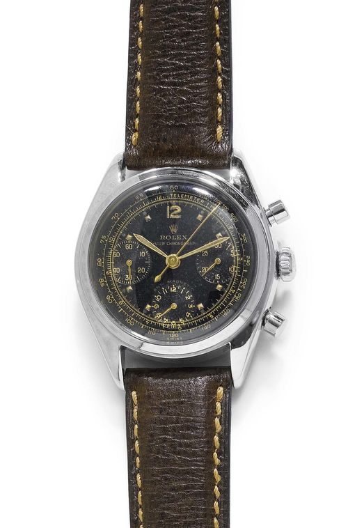 GENTLEMAN'S WRISTWATCH, ROLEX OYSTER, CHRONOGRAPH, "PRE-DAYTONA", ca. 1951. Steel. Ref. 6034. Tonneau-shaped case No. 847601 with screw-down back and crown, round chrono pushers and slanted lunette, signed. Black, matte-finished dial with appliqued, square, luminous indices, leaf-shaped luminous hands, gold-coloured tachymeter and telemeter scale in miles, outer 1/5 second division, 12 hour counter and 30 minute counter with 3/6/9 marking, signed. Hand winder, Cal 72A, lever movement with Breguet balance spring, monometallic balance, chronograph with ratchet, shock absorber, signed. Brown leather band with Rolex clasp. D 36 mm. Ref 6034 was produced from 1946 up to the early 1960s. Refs 6034, 6234 and 6238 are called "pre-Daytona" by collectors.