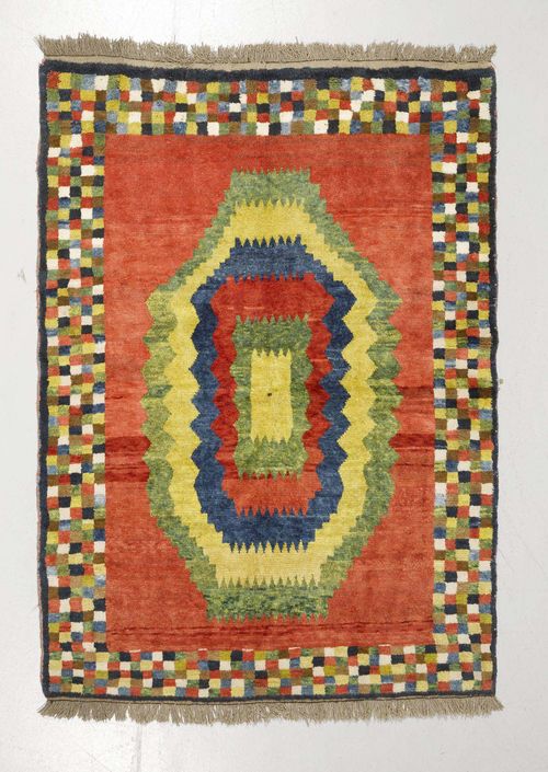 GABEH old.Red ground with a central medallion in green, yellow, blue and red, wide border with colourful squares, 155x215 cm.