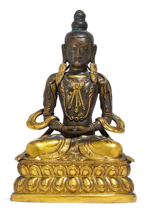 A PARTLY GILT COPPER REPOUSSE FIGURE OF AMITAYUS.
