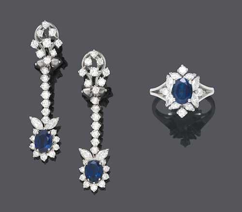 SAPPHIRE AND DIAMOND EAR PENDANTS WITH RING, by GÜBELIN, ca. 1970.