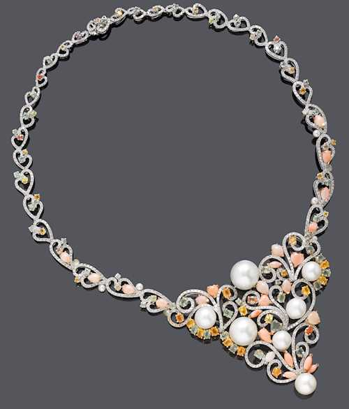 PEARL, CORAL, SAPPHIRE AND DIAMOND NECKLACE.