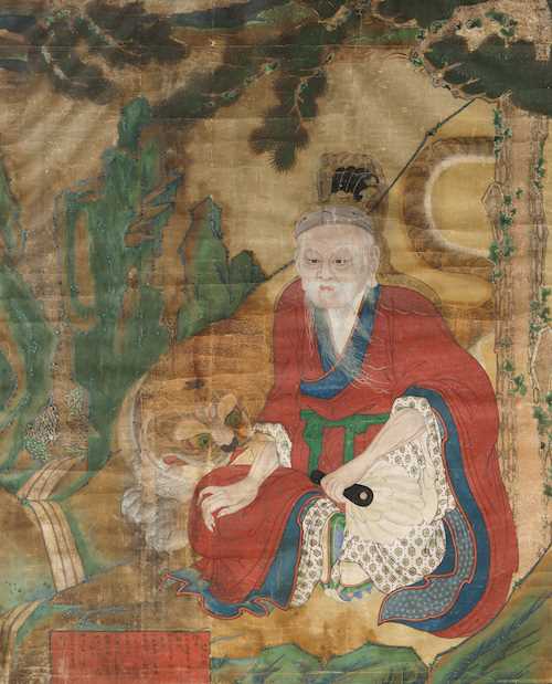 A PAINTING OF THE MOUNTAIN SPIRIT SANSHIN WITH TIGER.