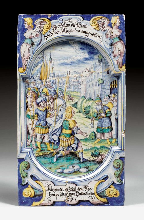 CERAMIC TILE,Winterthur, ca. 1670, signed HP for Hans Heinrich III Pfau. Depiction of a historical scene, inscription on the top and lower edge: 'Jerusalem die Statt wirdt von Alexandro eingenommen. Alexander er zeigt dem hohen preister von Gottes wegen Ehr'. Cartouche painting in the spandrels flanked by two winged angels. Signed HP, with ligature on the bottom left. 50 x 20 cm. Strong repairs.