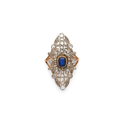 SAPPHIRE AND DIAMOND RING, probably ca. 1900.