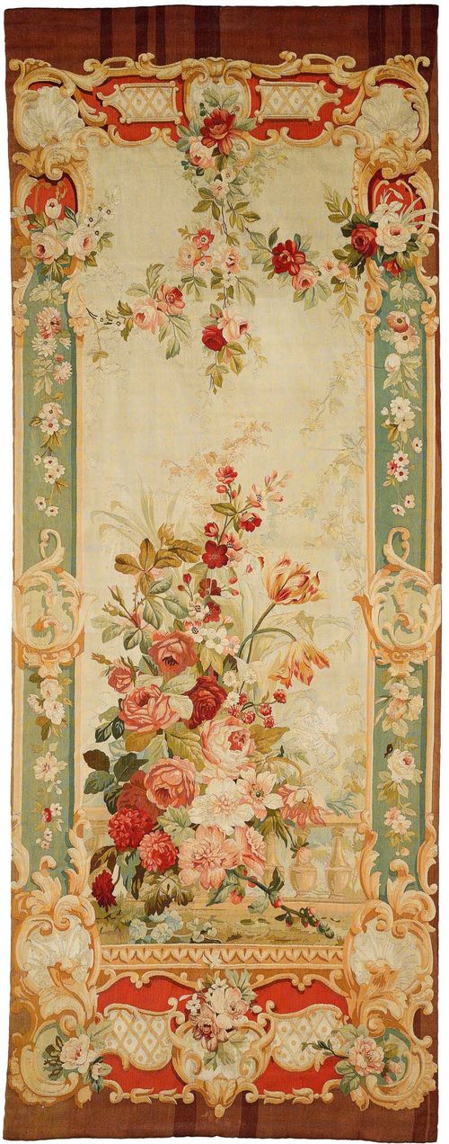 PAIR OF AUBUSSON WALL TAPESTRIES antique.XXX, Manufacture d'Aubusson, beige ground, finely patterned with floral motifs in delicate pastel colors, green borders, 125x310 cm.