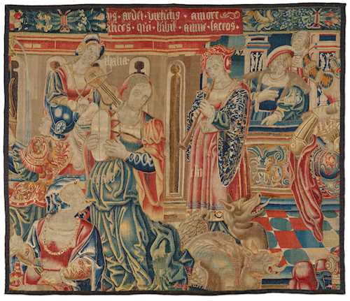 TAPESTRY FRAGMENT WITH THE MUSES ERATO, THALIA AND CLIO