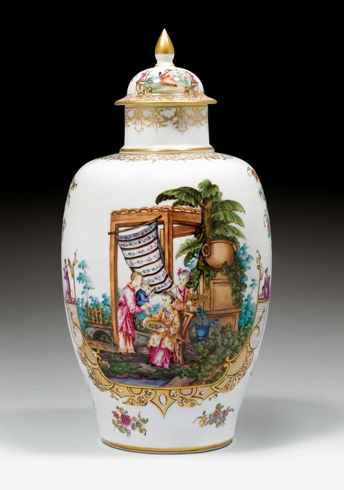 AUGUSTUS REX' LIDDED VASE WITH CHINOISERIE DECOR,Meissen, the porcelain ca. 1740, the chinoiserie painting after Gabriel Huquier according to a design by François Boucher, 19th century. Both sides with a finely painted, colourful garden landscape depicting a Chinese family gardening and two Chinese people fishing. Underglaze blue monogram mark AR, XII incised on the inside of the base ring. H 36.5 cm. (2) Provenance: Private collection, Basel.