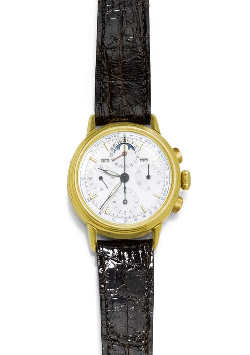 GENTLEMAN'S WRISTWATCH, CHRONOGRAPH TRICOMPAX, 1960s. Yellow gold 750. Numbered series, No. 51. Round, polished case No. 1281 100 with oval chrono pushers and stepped lunette. Silver-coloured dial with appliqued gold indices and luminous hands, date and moon phase at 12h, 30 minutes with 3/6/9 indication for telephone calls at 3h, 12 h counter at 6h, small second at 9h, window with day of the week at 10h and month in English at 2h, outer tachymeter scale in blue. Manual winding, lever movement with Breguet spring, monometallic balance, column wheel chronograph, Cal. 181, unsigned. Brown leather band, not original. D 34 mm.