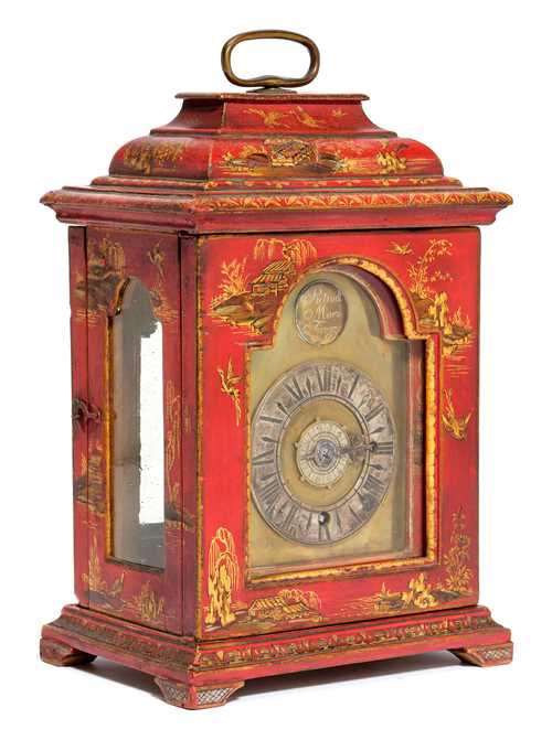 SMALL ONE-HANDED BRACKET CLOCK WITH CHINOISERIE DECORATION AND ALARM