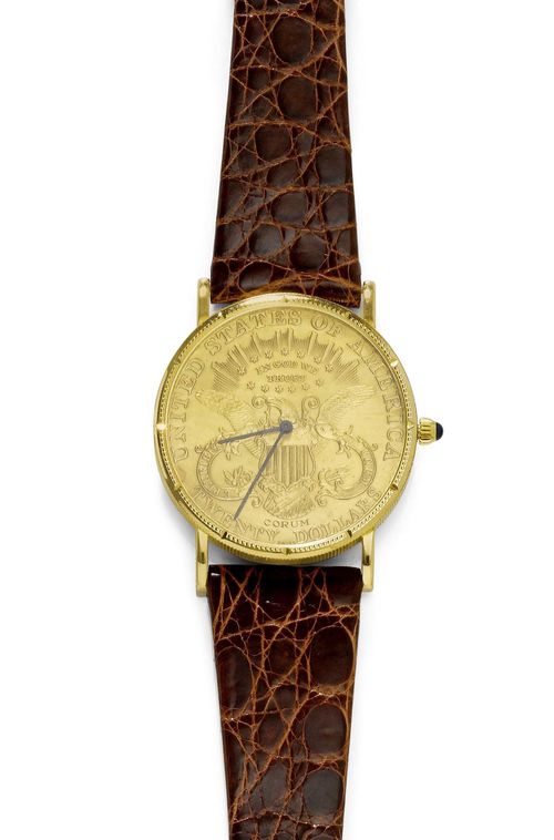 GENTLEMAN'S WRISTWATCH, CORUM, 20-DOLLAR. Yellow gold 750. Round case No. 138846, of a 20-dollar coin dated 1904, with a ribbed profile and lunette. 20-dollar dial with black baton hands, signed Corum. Manual winding, ultra-flat movement No. 100470. Brown leather band with Corum gold clasp. D 35 mm.
