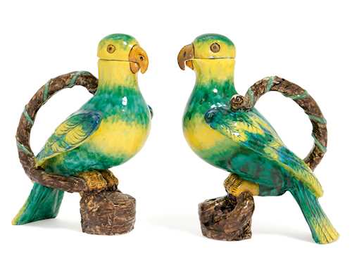 PAIR OF FAIENCE PARROT EWERS