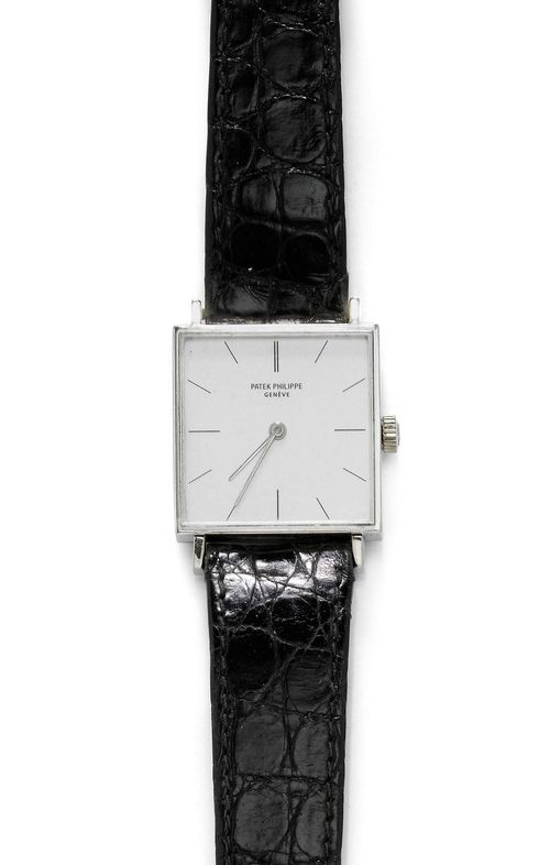 WRISTWATCH PATEK PHILIPPE, 1960s. White gold 750. Ref. 3503. Square, flat case No. 2633136. Silver-coloured dial with black indices and silver-coloured baton hands. Manual winding, ultra-flat movement No. 1175435, Cal. 175, with Gyromax balance. Black leather band with silver-coloured clasp, not original. D 26 x 26 mm. With case.