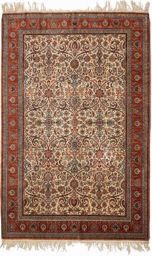 GHOM old.White ground with red border, finely patterned with flower tendrils, 200x280 cm.