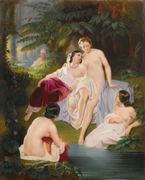 PORCELAIN PICTURE WITH BATHING NYMPHS,Berlin, KPM, ca. 1850. Signed by Otto Wustlich (1819-1886). Rectangular. Stamp, sceptre mark K.P.M and H. Signed Wustlich bottom right. 31.5 x 25.4 cm.