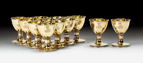 SET OF 12 SILVER-GILT EGG CUPS,Paris ca. 1800. Maker's mark Martin-Guillaume Biennais. Smooth-walled and engraved with a crowned monogram. H ca. 6 cm, in total 510g. Provenance: Private collection, Vaud.