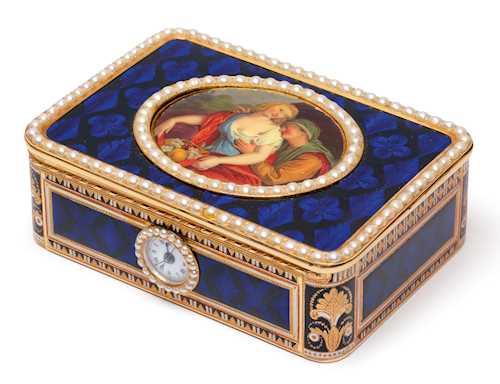 GOLD ENAMEL BOX WITH SINGING BIRD AUTOMATON, CLOCK AND SMALL CYLINDER MUSIC BOX MECHANISM