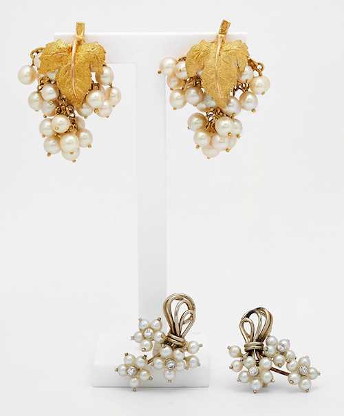 TWO PAIRS PEARL AND DIAMOND EARCLIPS.