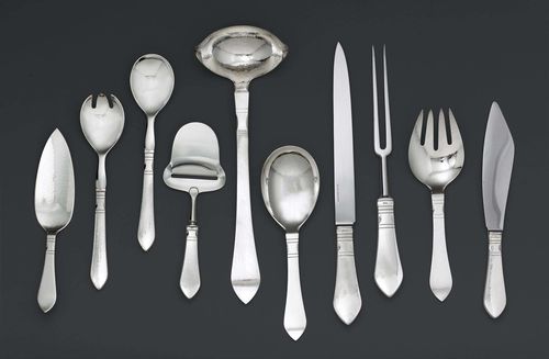 CUTLERY SET,Denmark after 1945. Maker's mark Georg Jensen. After a design by G. Jensen 1906. Model: Continental Pattern. Comprising: 12 knives, 12 forks, 12 soup spoons, 12 starter knives, 12 starter forks, 12 fish knives, 12 fish forks, 12 dessert spoons, 12 cake forks, 12 tea spoons, 12 coffee spoons, 12 mocha spoons, 12 egg spoons, 12 fruit knives and 12 fruit forks. Matching: 20 different serving utensils, 4 salt sprinklers and 1 napkin ring. In total 205 pieces, 5740g excl. pieces with a steel part.