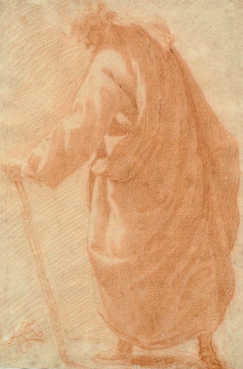 Attributed to ROSSELLI, MATTEO (1578 Florence 1650) A man striding with stick, seen from the back: Verso figure studies (probably by another hand) Red chalk on laid paper with watermark. Haewood No. 1578 (Rome, 1570). 35 x 23 cm. Framed.