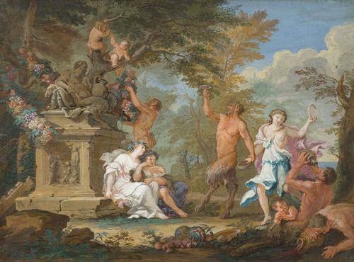 Attributed to LAURI, FILIPPO (1623 Rome 1694), Dance of the nymphs and satyrs. Gouache on paper. The outer line in gold pen, with a brown gouached margin. 19 x 25.5 cm. Framed.