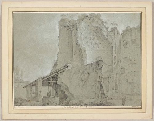 BARBAULT, JEAN (Viarmes/Oise, circa 1705 - 1766 Rome) Lot of two views: 1. Vue du Temple du Soleil & de la Lune 2. Vue d'une partie du Mont Palatin & du Temple de Romulus. Black chalk, heightened with white on blue-grey laid paper. Both sheets on old mount. Old inscription, title and date on the mount in brown pen by unknown hand: Barbault delineavit Romae 1750 Each ca. 29 x 40 cm. Provenance: - collection of  Cab. Hettlingen (according to information verso) - private collection, Switzerland