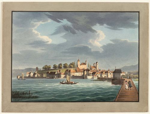 BANTLI, LEONHARD (1810 Meilen 1880).View of Rapperswil. Watercolour, 17.5 x 25 cm. Black pen outer line and grey gouached margins. Signed lower left: L.Bantli f. – Very good, almost untouched condition. Rare.